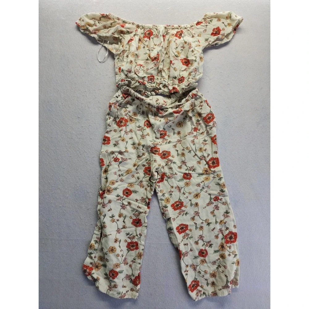 H&M Floral Smocked Crop Top and Pants Set Cream Red Size 12